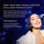 A promotional graphic with text about bee venom supporting collagen production and a smiling woman in a white top holding a dropper against a dark blue floral background.
