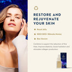 A skincare marketing graphic with a woman touching her face on the left and product information on the right. The text reads 'RESTORE AND REJUVENATE YOUR SKIN' with ingredients Royal Jelly, MGO 800+ Mánuka Honey, and Bee Venom.