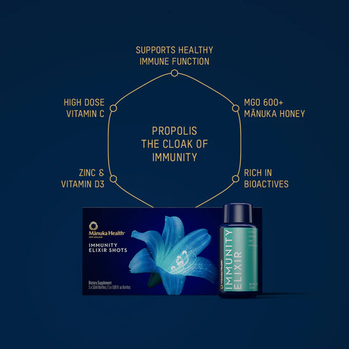 Immunity support product packaging with text on a dark blue background