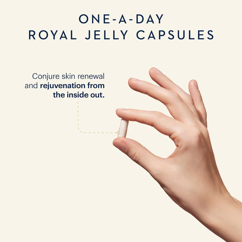 Hand holding a capsule with text about one-day royal jelly capsules on a beige background