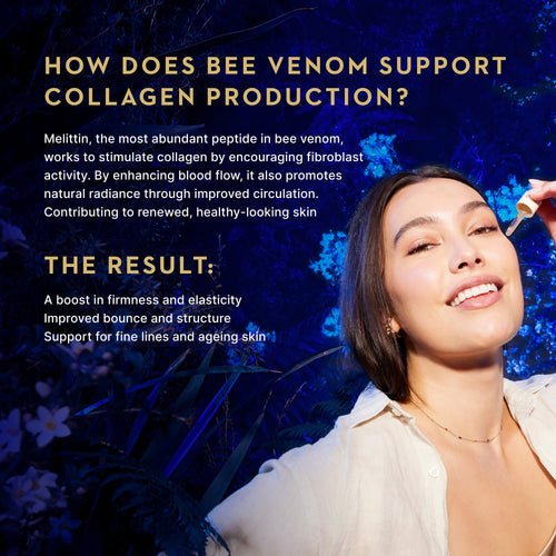 A promotional graphic with text about bee venom supporting collagen production and a smiling woman in a white top holding a dropper against a dark blue floral background.