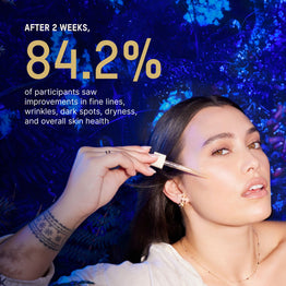 A woman with dark hair applies serum from a dropper to her forehead, set against a dark blue textured background with promotional text reading 'AFTER 2 WEEKS, 84.2% of participants saw improvements in fine lines, wrinkles, dark spots, dryness, and overall skin health.