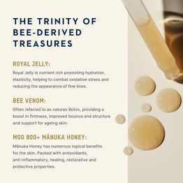 An informational graphic titled 'THE TRINITY OF BEE-DERIVED TREASURES' with text describing royal jelly, bee venom, and MGO 800+ Manuka honey, alongside a close-up photo of honey droplets and a glass pipette on the right side.