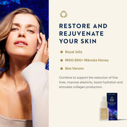 A skincare marketing graphic with a woman touching her face on the left and product information on the right. The text reads 'RESTORE AND REJUVENATE YOUR SKIN' with ingredients Royal Jelly, MGO 800+ Mánuka Honey, and Bee Venom.