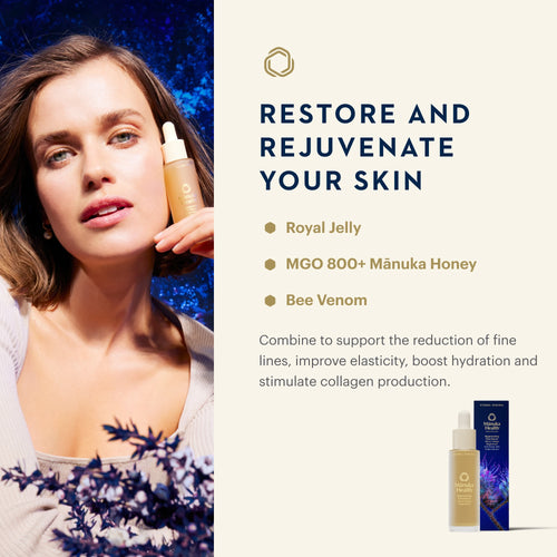 A skincare ad featuring a woman holding a golden serum bottle against a dark blue textured background on the left, and product information on the right. The right side includes text reading 'RESTORE AND REJUVENATE YOUR SKIN' with ingredients Royal Jelly, MGO 800+ Mánuka Honey, and Bee Venom, plus a small product bottle and box at the bottom right.