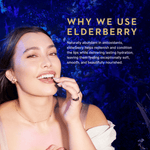 A woman in a white off-the-shoulder top is shown against a dark blue textured background with text that reads 'WHY WE USE ELDERBERRY' and a descriptive paragraph about antioxidants and hydration. She is touching her lips, wearing small gold earrings and a delicate necklace.