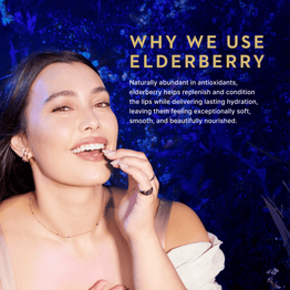 A woman in a white off-the-shoulder top is shown against a dark blue textured background with text that reads 'WHY WE USE ELDERBERRY' and a descriptive paragraph about antioxidants and hydration. She is touching her lips, wearing small gold earrings and a delicate necklace.
