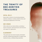 An informational graphic titled 'THE TRINITY OF BEE-DERIVED TREASURES' with text describing royal jelly, bee venom, and elderberry benefits, alongside a close-up of a pinkish-brown cosmetic substance on the right.