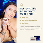A promotional skincare graphic with a woman on the left holding a small jar and text on the right reading 'RESTORE AND REJUVENATE YOUR SKIN' with ingredients Royal Jelly, MGO 800+ Mánuka Honey, and Bee Venom, plus a small product box and jar at the bottom right.