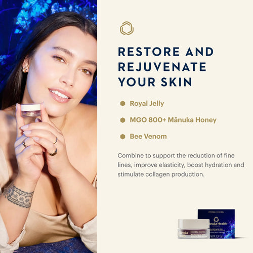 A promotional skincare graphic with a woman on the left holding a small jar and text on the right reading 'RESTORE AND REJUVENATE YOUR SKIN' with ingredients Royal Jelly, MGO 800+ Mánuka Honey, and Bee Venom, plus a small product box and jar at the bottom right.