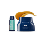 Blue jar of Manuka honey with a blue bottle labeled 'Immunity Elixir' on a green background