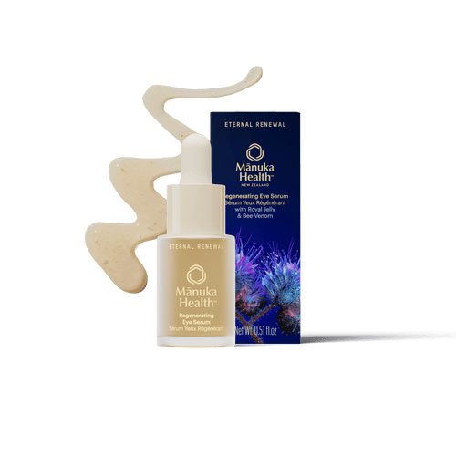 Eternal Renewal Eye Serum with Bee Venom bottle and packaging with swipe of product on a white background. 