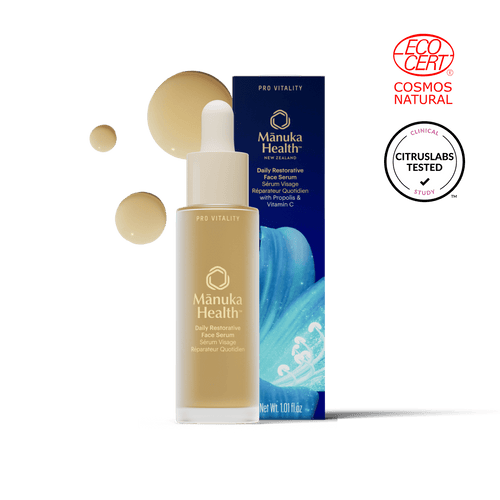 Manuka Healths Pro Vitality Face Serum bottle and packaging. 