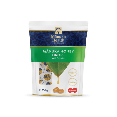 Manuka Health Manuka Honey Drops packaging on a green background