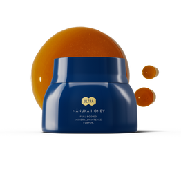 Ultra Manuka Honey MGO 800+ Blue Jar with honey drips on a white background.