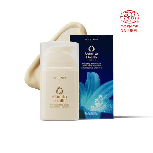 Manuka Health Pro Vitality Hand Cream bottle and packaging on a clean white background.