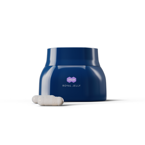 Royal Jelly Capsules container with pills on a clean white background. 