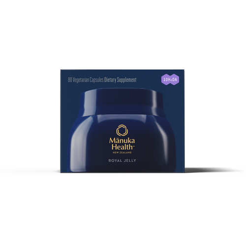 Manuka Health Royal Jelly capsules packaging on a clean white background. 