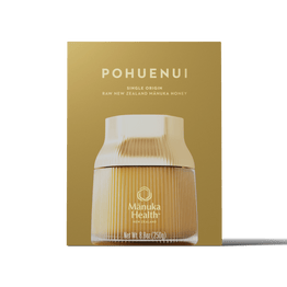 Manuka Honey gold Single Origin Pohuenui MGO 856+ packaging on a white background.
