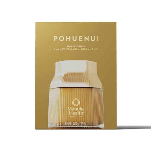 Manuka Honey gold Single Origin Pohuenui MGO 856+ packaging on a white background.