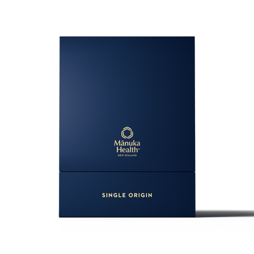 Manuka Honey blue Single Origin Pohuenui MGO 856+ packaging on a white background.