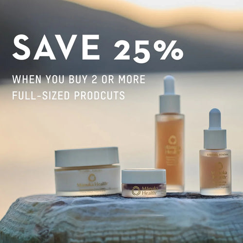 Beauty products with a promotional message for a discount on purchases.