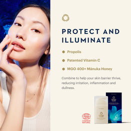 A skincare promotional graphic with a woman touching her face on the left and product information on the right. The text reads 'PROTECT AND ILLUMINATE' with ingredients Propolis, Vitamin C, and MGO 400+ Mánuka Honey.