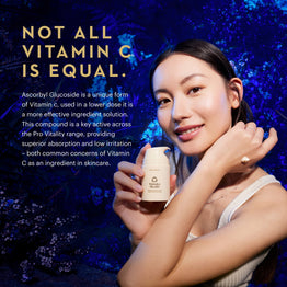 A woman holds a small white cosmetic bottle against a dark blue textured background with promotional text about vitamin C and the brand name Pro Vitality.