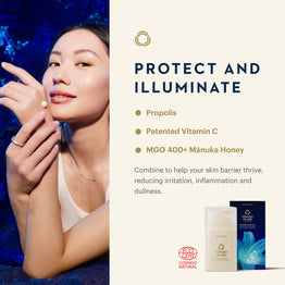 Cosmos Natural Protect and Illuminate skin cream advertisement featuring a woman touching her face on the left, product packaging on the right, and key ingredients listed on a cream-colored background.